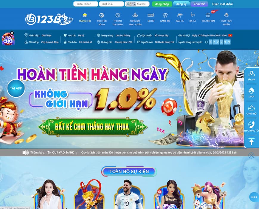 giao diện quen thuộc của website chính thức nhà cái 123b