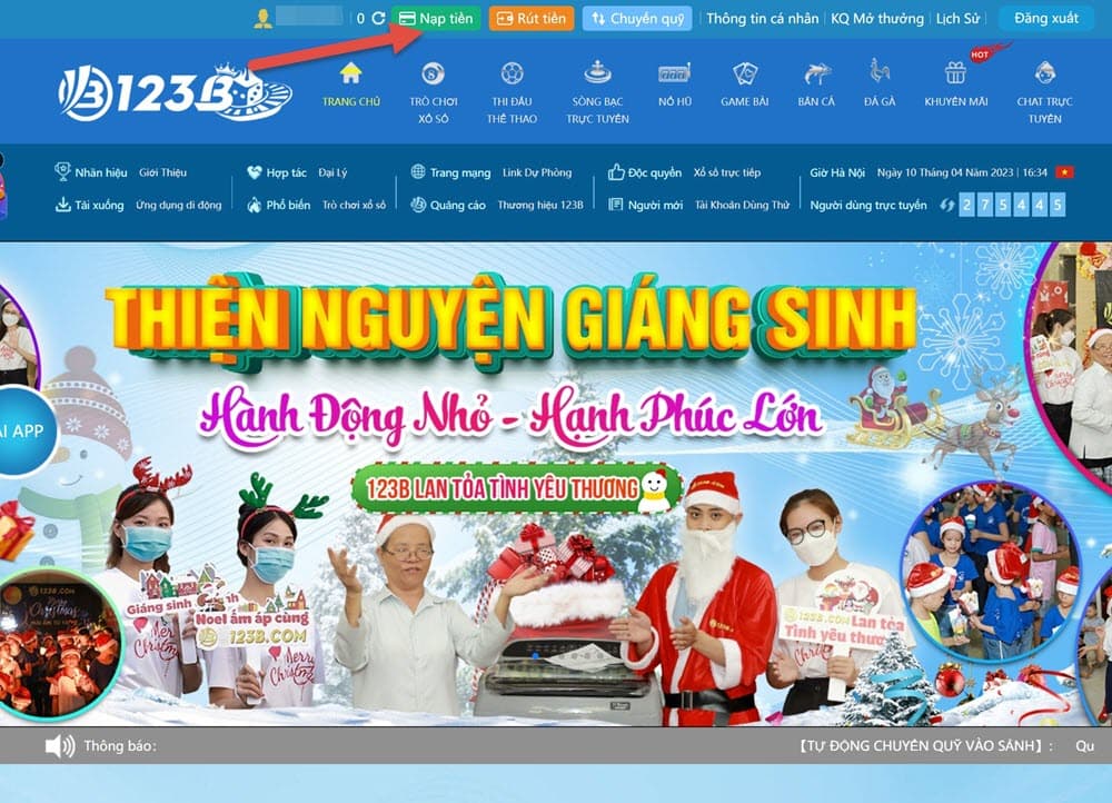 chọn nạp tiền trên trang chủ 123b